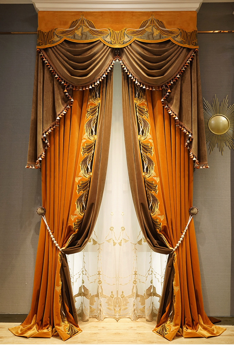 欧式法式绒布绣花窗帘布料成品高档客厅别墅中空定宽买高一件代发