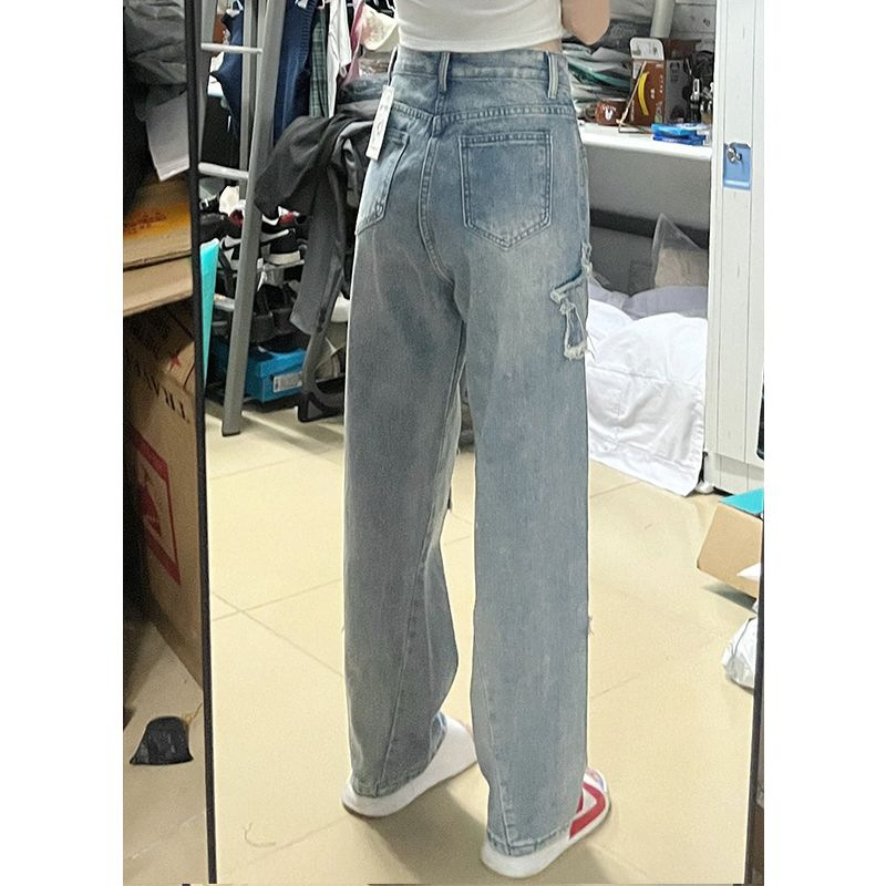 Blue XINGX Embroidered Jeans for Women Spring and Autumn New Design Sense Niche Loose Straight Wide-Leg Pants Tide