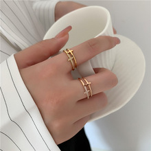 日韩镂空双层十字架微镶钻玫瑰金钛钢戒指女 个性潮人食指指环
