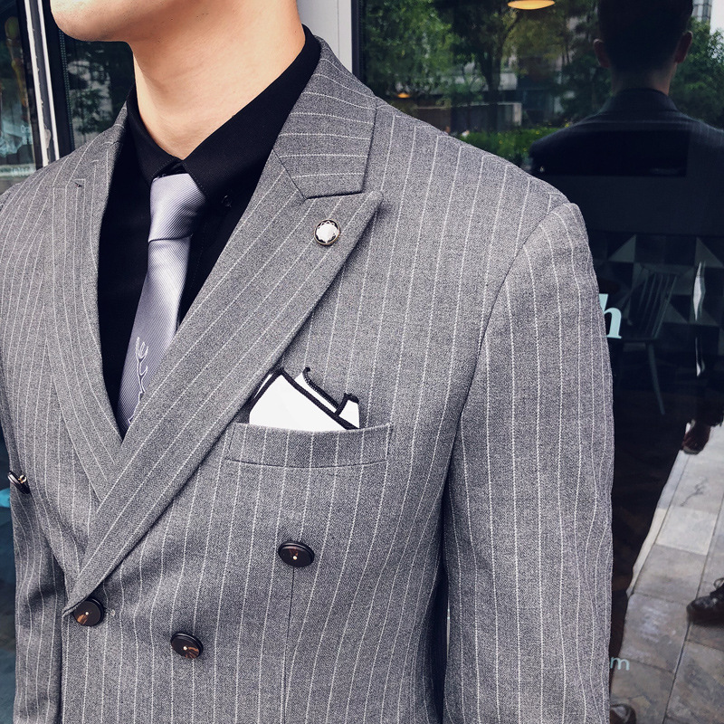 2023夏季新款双排扣西服套装男商务休闲修身新郎结婚礼服小西装潮