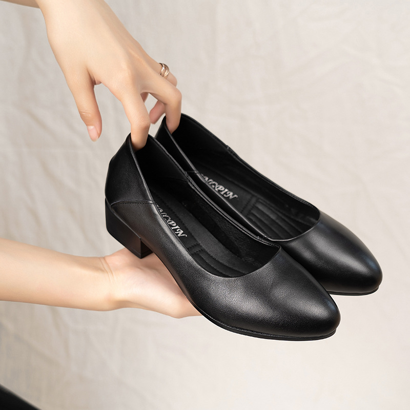 2023春季新款浅口粗跟职业工作鞋真皮黑色皮鞋女单鞋上班女鞋批发