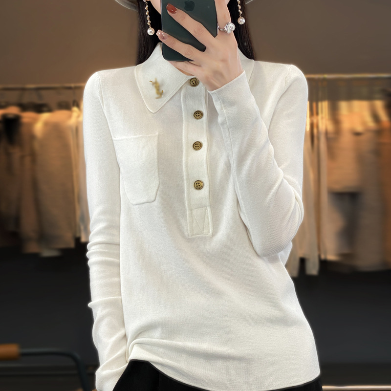 新款纽扣精纺羊毛衫女polo领宽松打底衫翻领上衣宽松毛衣半开领薄