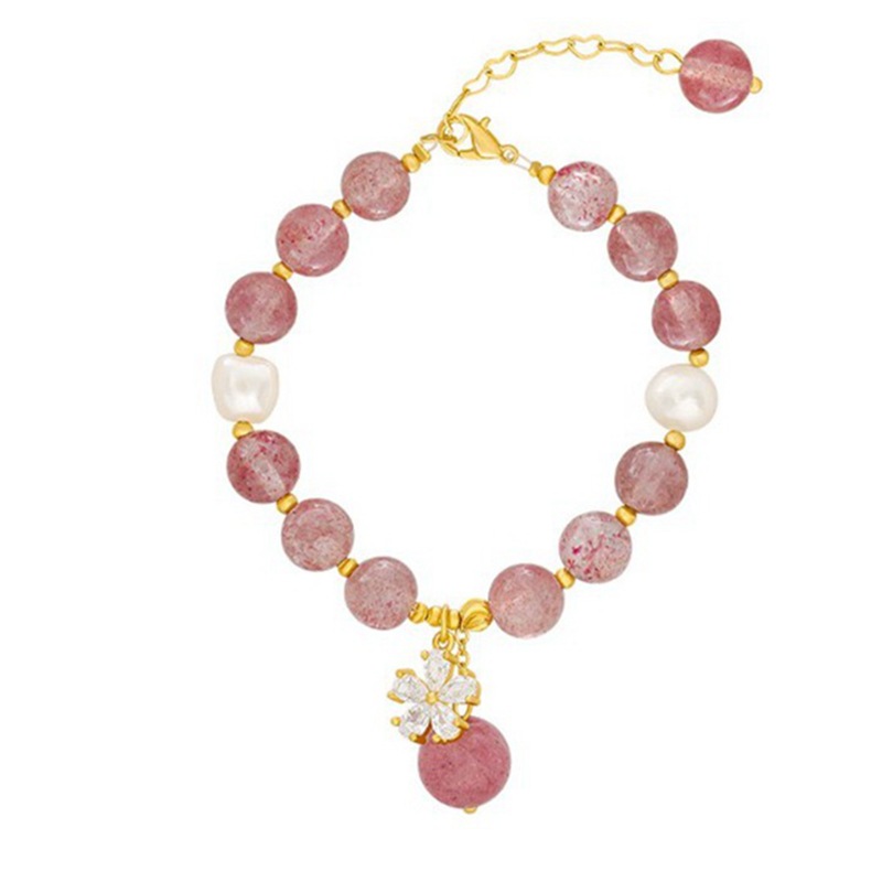 New Strawberry Gold Crystal Pearl Bracelet Simple Temperament Petals Internet Celebrity Bracelet Female Personality Design Girlfriends Bracelet