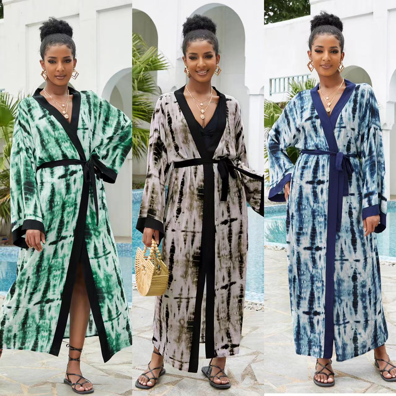 扎染印花人棉沙滩外套开衫比基尼防晒罩衫比基尼度假泳衣外搭跨境