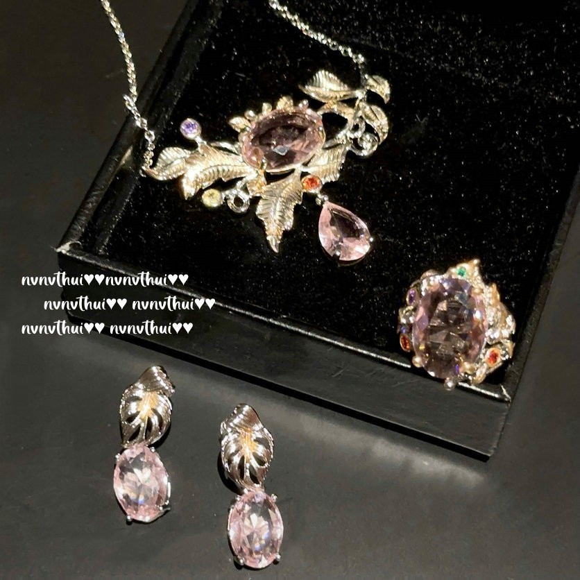 Papara Pink Egg-Shaped Gem Grape Vine Necklace Antique Plated 18K Gold Pink Water Drop Zircon Earrings