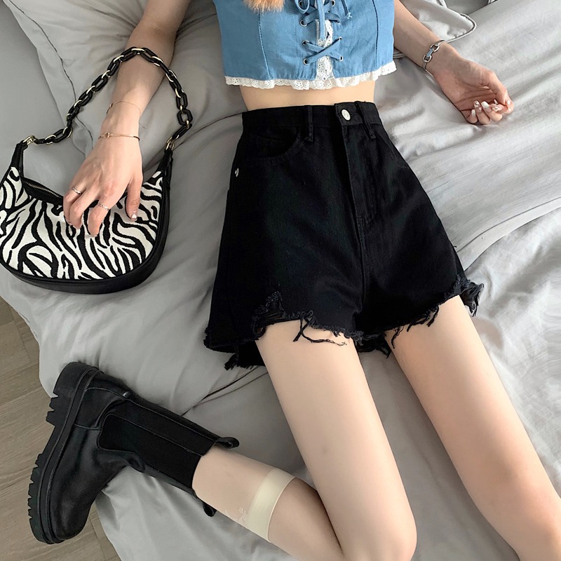 Black Jeans Shorts for Women 2023 Summer New Korean Style Ripped High Waist Slimming Hot Pants Hot Girl Wide-Leg Pants