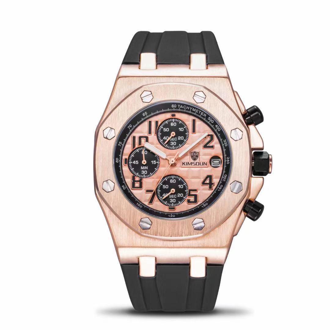 新款时尚手表男士硅胶带三眼功能运动石英表批发零售男表