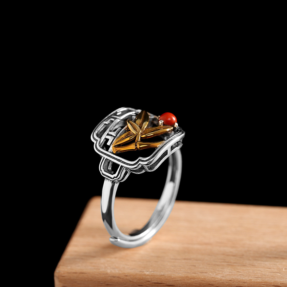 人品银品 s925银镂空竹节镶嵌南红玛瑙戒指 简约时尚女款开口指环