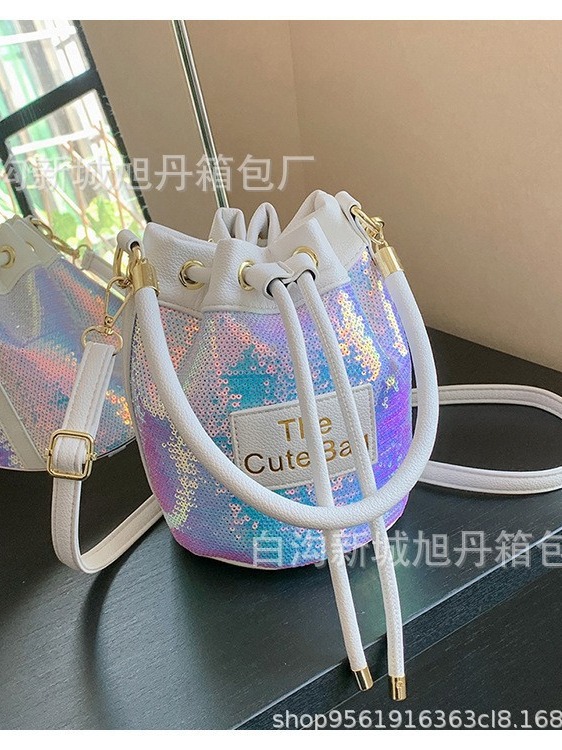 Exclusive for Cross-Border Portable Pull-Belt Bucket Bags Women's 2023 New Southeast Asia Fashion Sequined One-Shoulder Crossbody