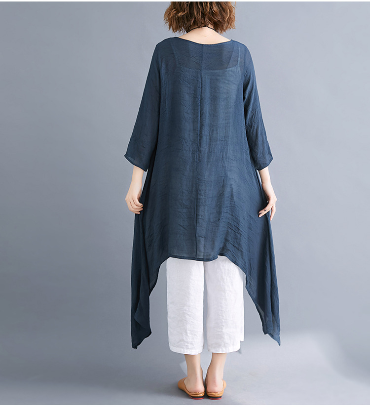 实拍2019外贸春夏季新款纯色大摆亚麻女士连衣裙宽松长袖棉麻裙