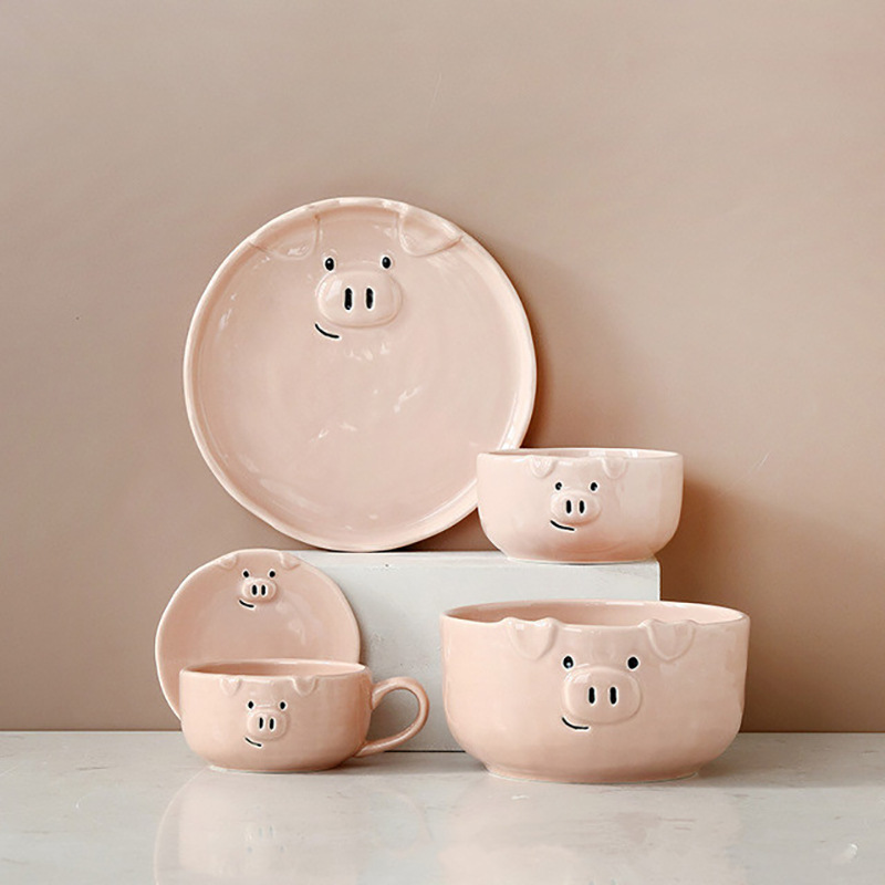 Pink Pig Bowl Dish Plate Ceramic Tableware Set Korean Ins Cute Girl Cartoon Creative Household Children's Tableware