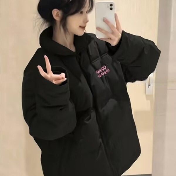 黑色百搭加厚保暖棉服女款冬季2025年新初中高中学生宽松外套
