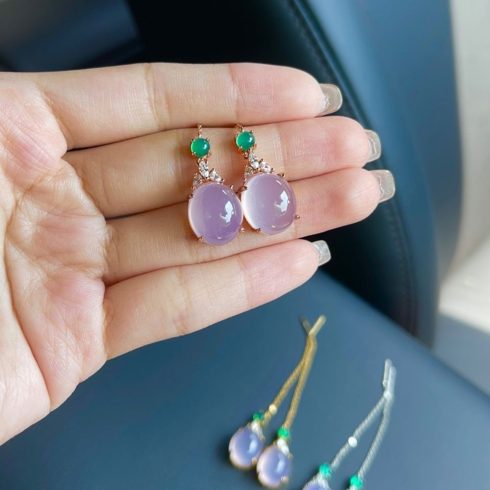 【金/银】天然高冰种紫罗兰耳钉耳线耳环玉髓纯银镶嵌翡翠工4款选