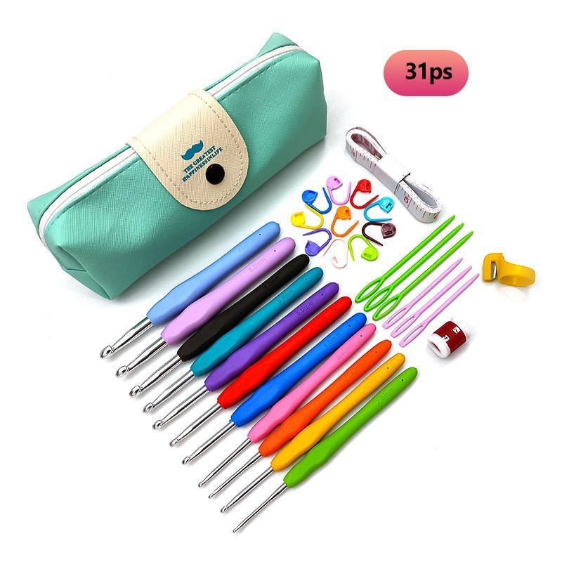 Manufacturers Supply Amazon Crochet Hook Set Color Tpr Soft Handle Aluminum Crochet Hook Wool Crochet Bag