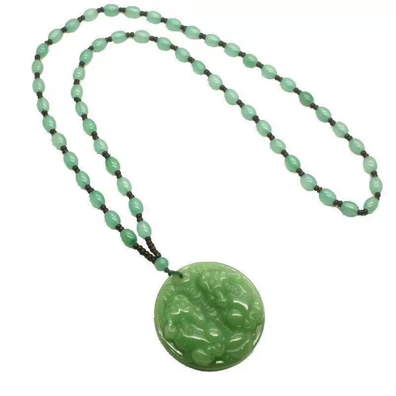 Manufacturers Supply Dark Green Imitation Chalcedony Necklace Dragon Brand Ruyi Pendant Ethnic Sweater Chain