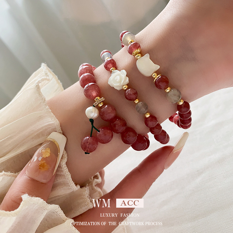 Baroque Pearl Strawberry Quartz Agate Rabbit Gourd Elastic Bracelet Minority All-Match Bracelet Light Luxury Bracelet for Women