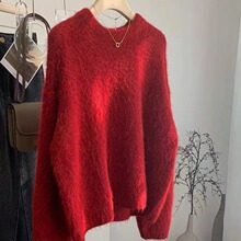 高级感本命年红色浣熊绒毛衣欧洲站欧货时尚洋气减龄软糯套头上衣
