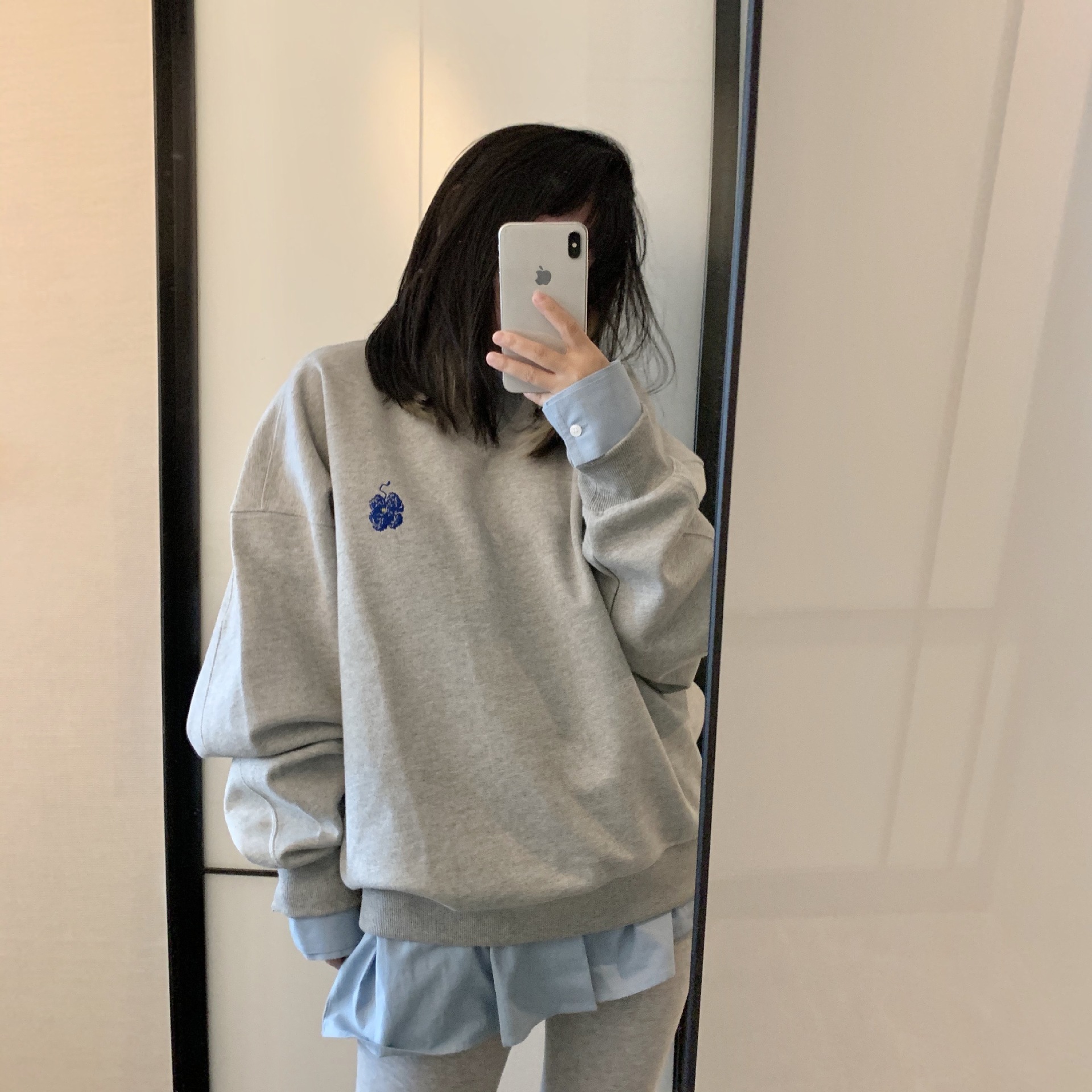 ae韩国ader潮牌秋冬男女卫衣v领套头长袖上衣花朵刺绣宽松情侣衫