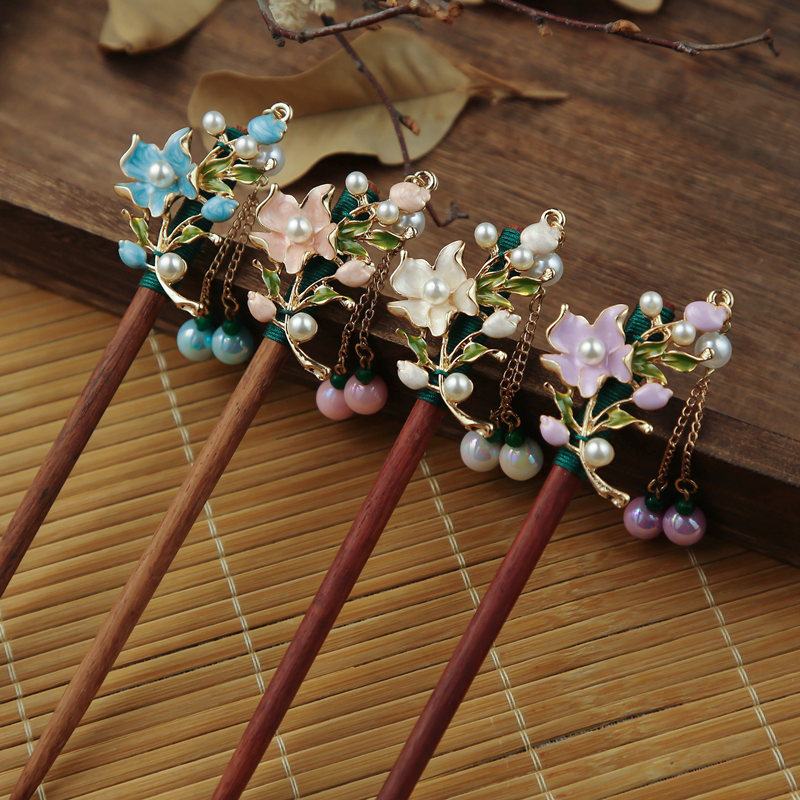 Headdress for Han Chinese Clothing Women's Antique Hair Accessories Tang Suit Hairpin Tassel Buyao Hair Clasp Cheongsam Ancient Costume Updo Golden Edge Flower Hairpin