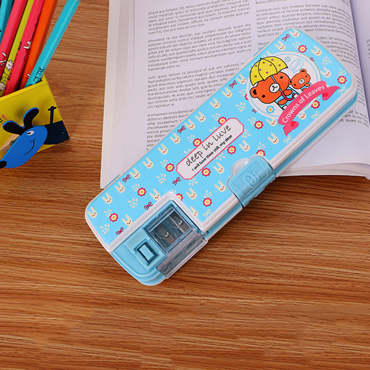 Authentic Pinyou Children Cartoon Pencil Box Creative Double Open with Pencil Sharpener Stationery Box Cute Student Stationery Pencil Case