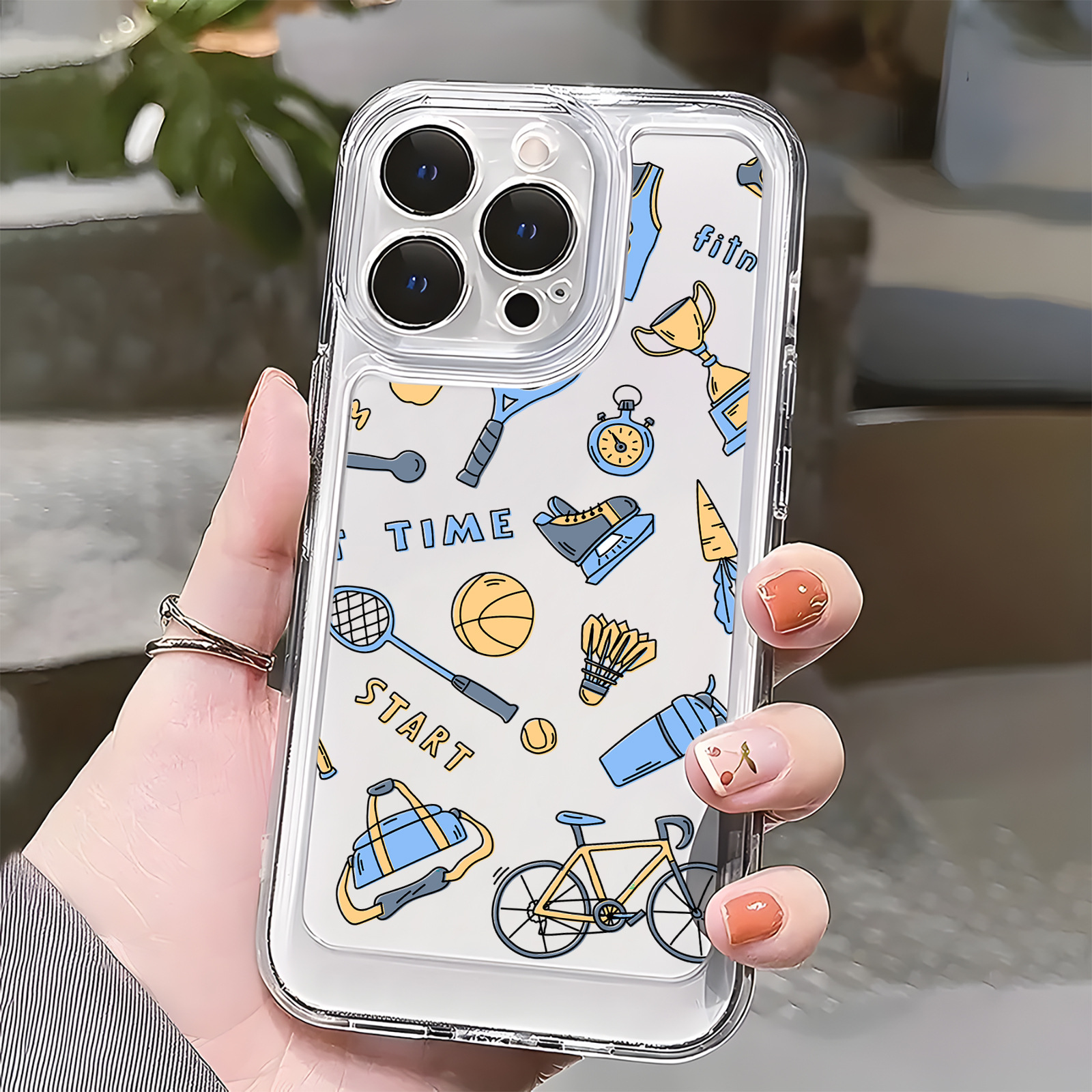 适用于iphone 15promax全包防摔手机壳精美运动元素图透明太空壳