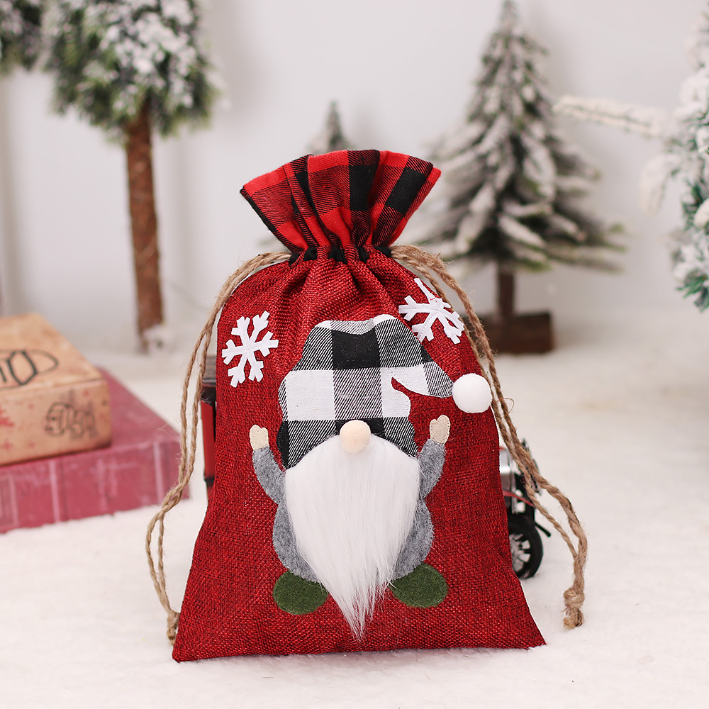 Mingguan Christmas Cartoon Linen Machine Embroidery Double Drawstring Bundle Gift Bag Faceless Doll Apple Bag Candy Bag Wholesale