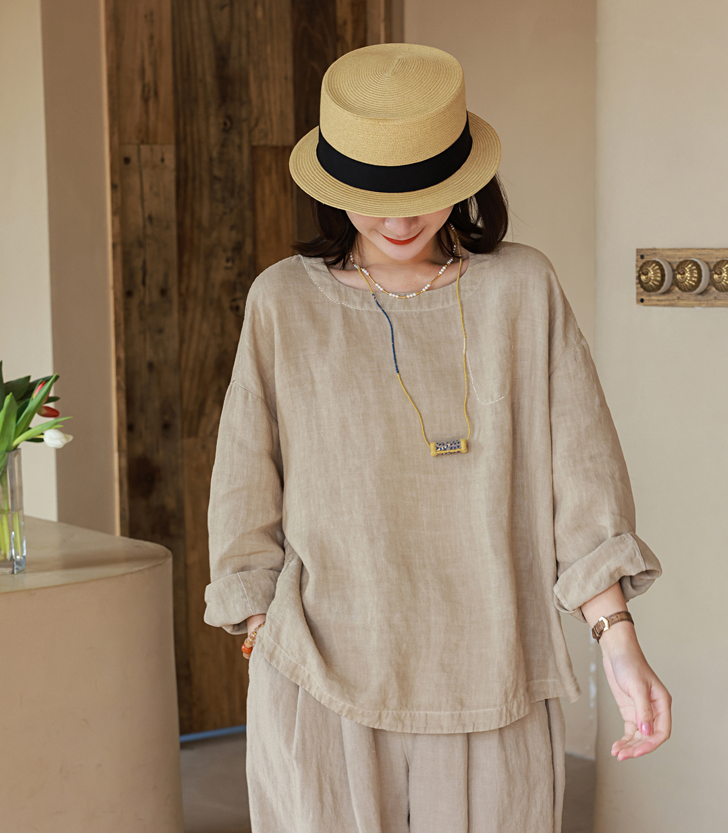 2022早春新品汉麻方领宽松简约九分袖休闲套头上衣女式t恤