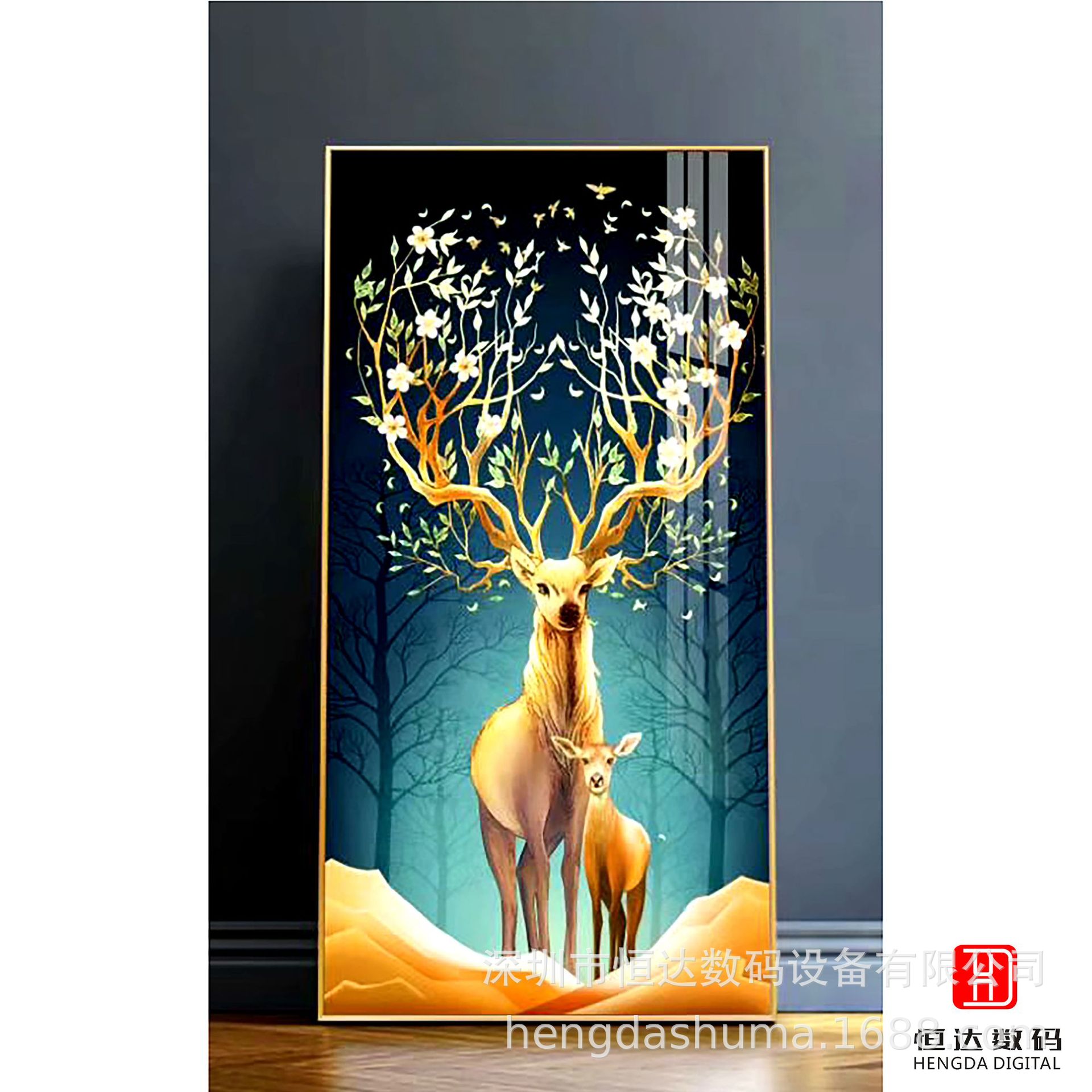 装饰画走廊过道挂画 入户壁画欧式轻奢晶瓷画 发财麋鹿有框画