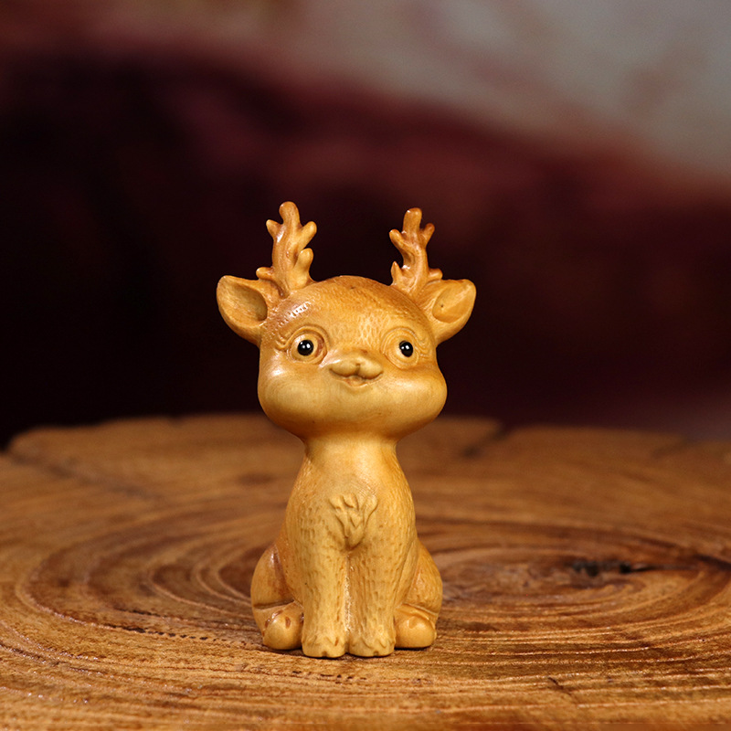 黄杨木雕梅花鹿摆件可爱小鹿木质雕刻一鹿平安手把件汽车家居饰品