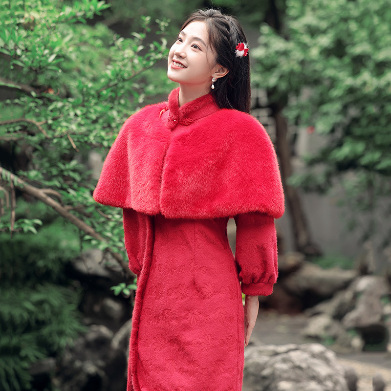 红色旗袍披肩外搭文艺百搭外套斗篷开衫搭配旗袍穿搭新款2023秋冬