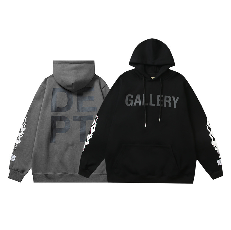 跨境货源gallery dept美式做旧手臂火焰经典字母印花连帽卫衣外套