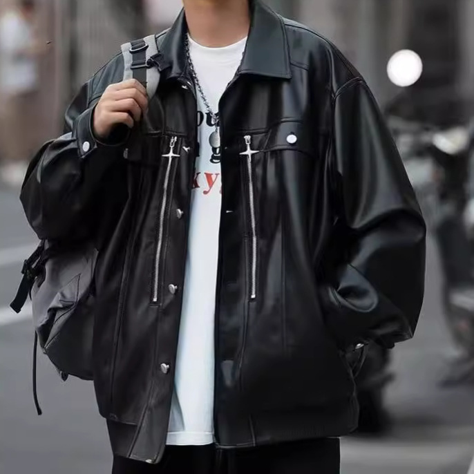 皮衣外套男款春秋季感痞帅炸街宽松潮牌美式高街机车夹克黑色
