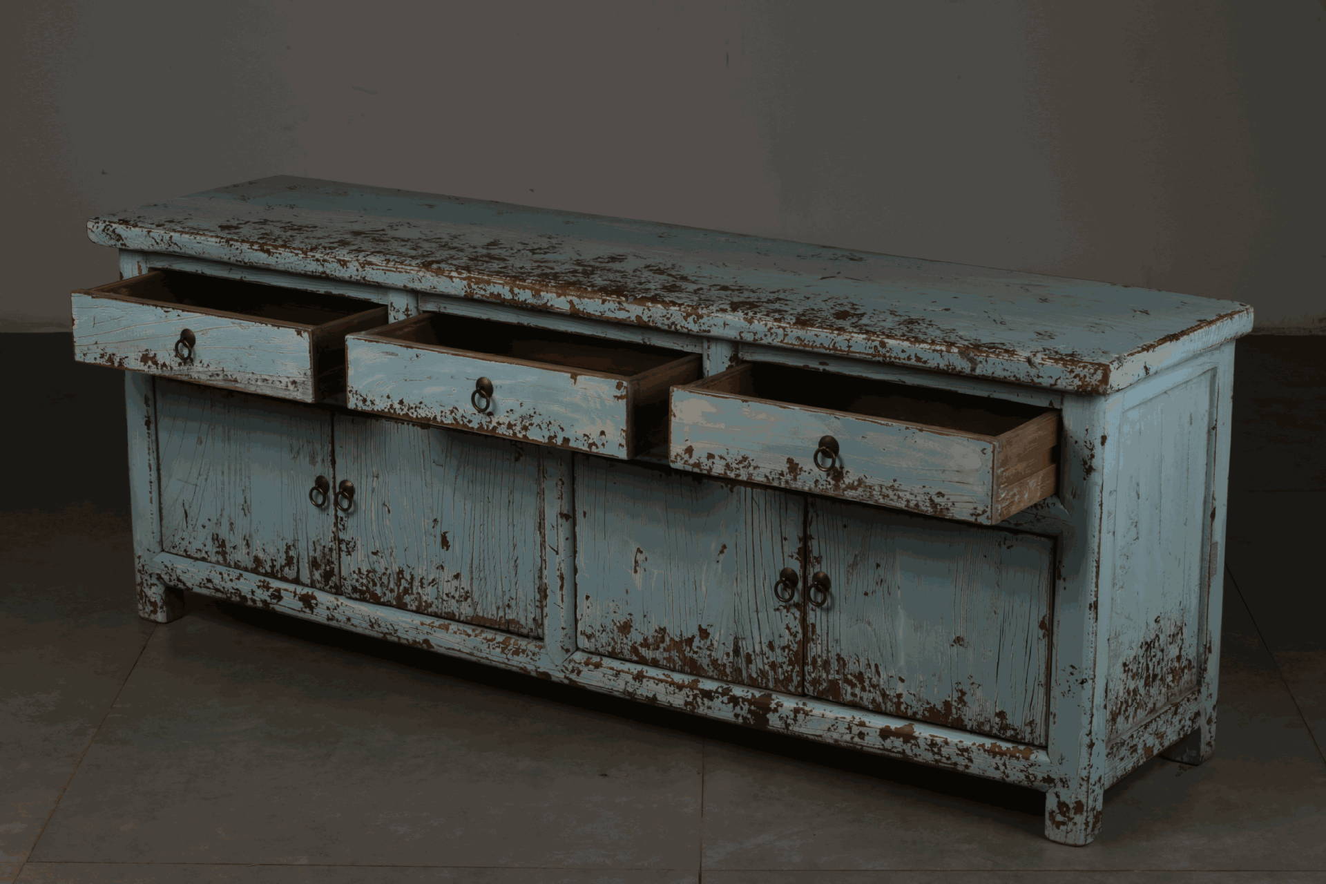 艺术家具)彩漆做旧工艺餐边柜 老松木实木柜子门柜田园复古