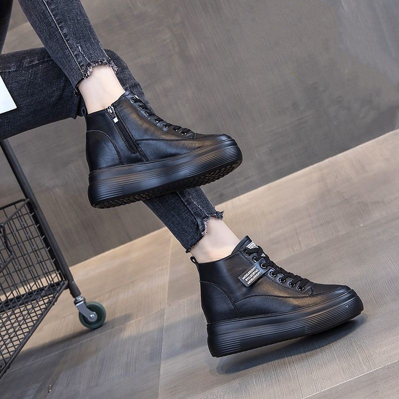 黑色高帮鞋女年秋季新款厚底增高5高腰休闲运动鞋短靴
