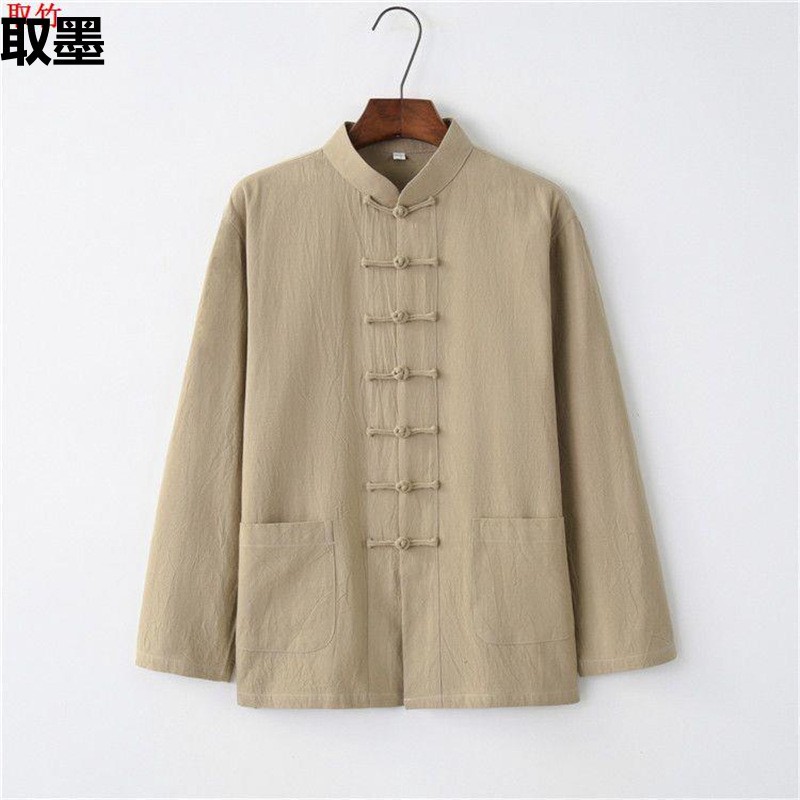 春秋棉麻唐装男长袖上衣中老年爸爸装中式太极服打底衫复古中国风