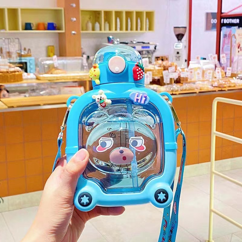 2023 Summer New Large Capacity Portable Strap Straw Kettle Cross-Border Double Drink Cute Bear Square Cup