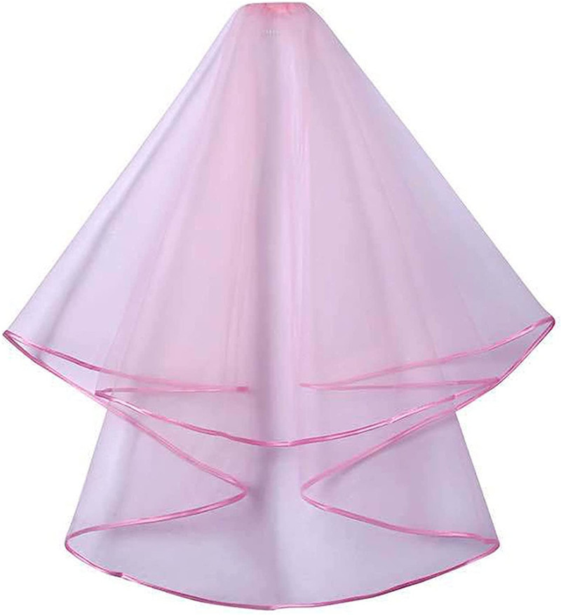 短款双层出色缎带边头纱白色象牙色粉色红色带梳子新娘婚礼面纱批