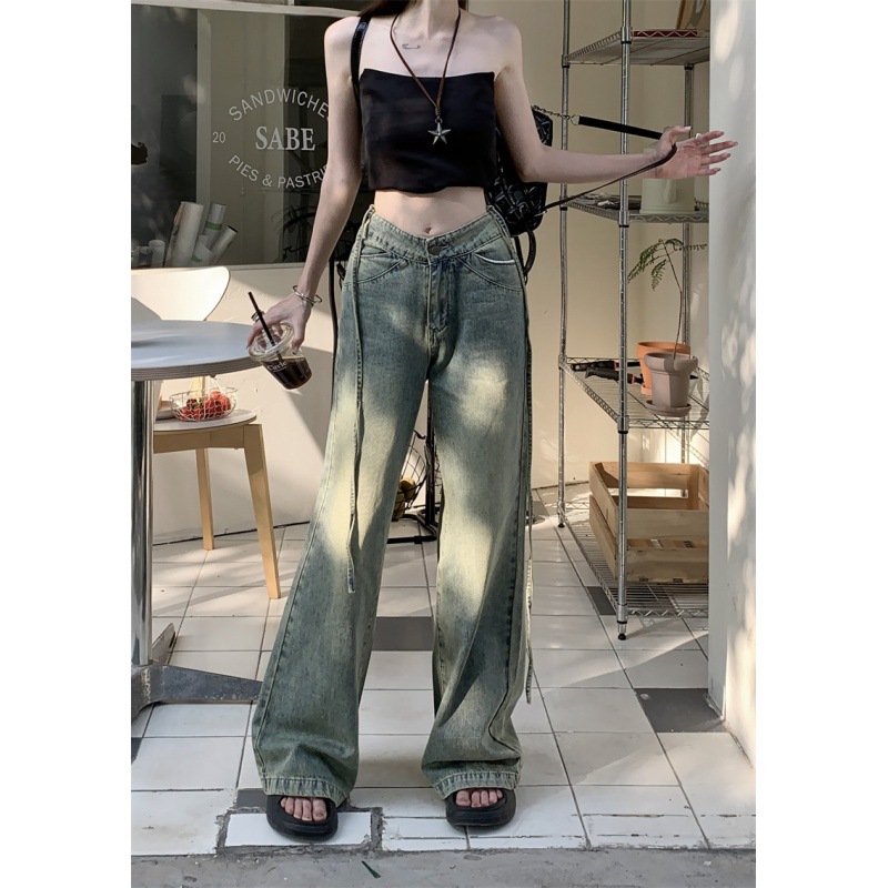 Nostalgic Retro Drawstring Jeans Women's Summer Loose Slimming Drooping Wide-Leg Pants Mop Pants