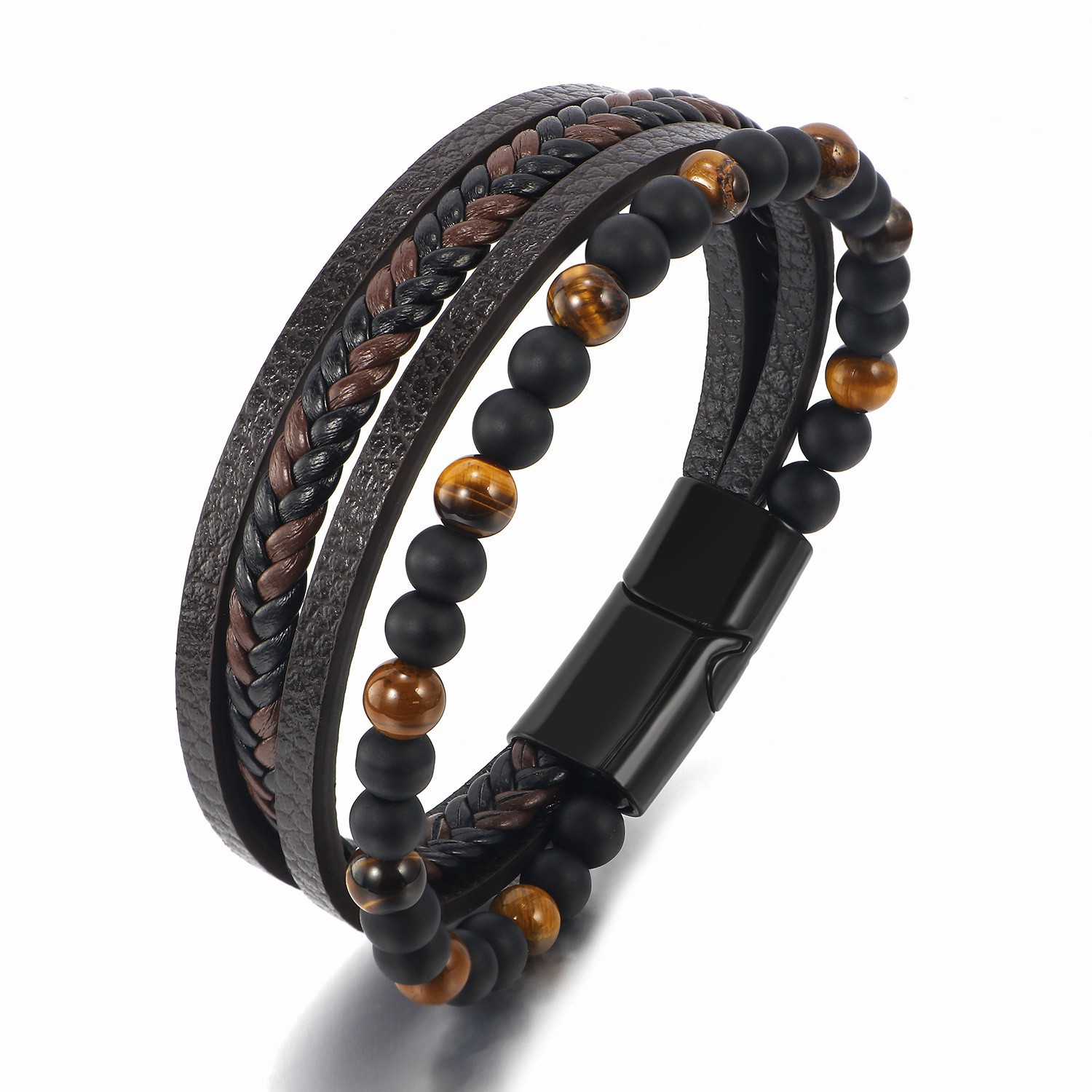 Amazon Hot Sale Natural Tigereye Beaded Men's Bracelet Hand-Woven Multi-Layer Leather Bracelet in Stock Wholesale