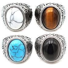 RG308外贸欧美  复古男士钛钢戒指批发 蓝松石不锈钢戒指 6色供选