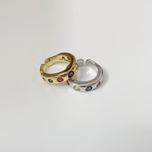 青岛工厂韩国个性风复古日常彩色锆石轻奢戒指女简约法式气质指环