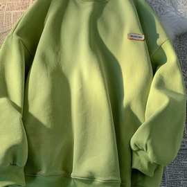 港风圆领卫衣男女春秋薄款显白情侣上衣假两件oversize长袖T恤衫