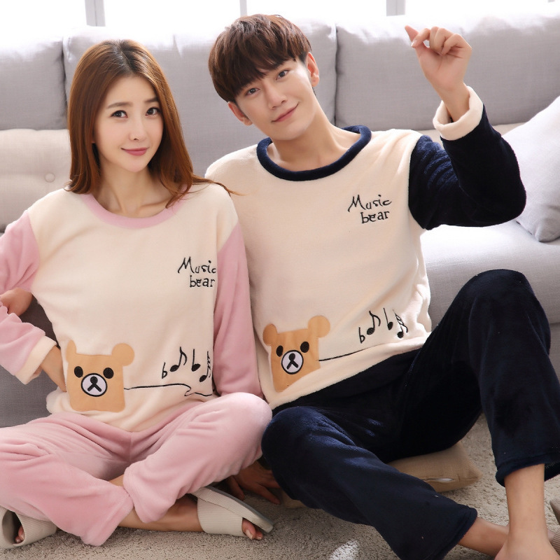 跨境情侣装睡衣女珊瑚绒秋冬季大码卡通可爱男女士保暖家居服套装
