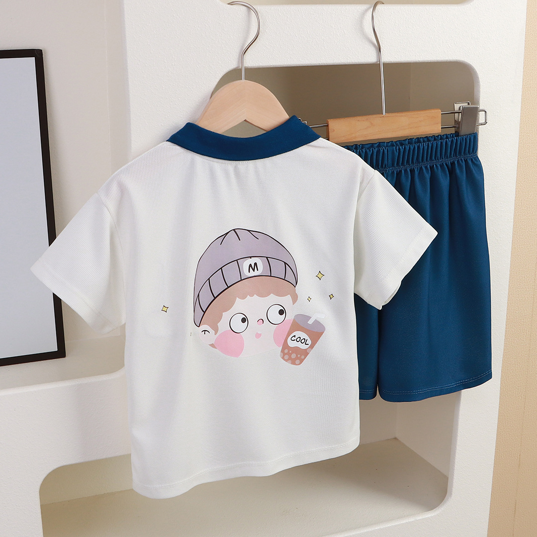 新款童装夏季儿童套装休闲宽松衣服男童短袖华夫格宝宝夏季批发