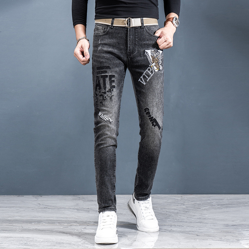 Denim Men's Pants European Station High-End Quality Embroidered Jeans Men's Stretch Slim Casual Black Cow Men's Trousers Wholesale