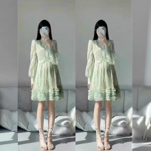 新款韩版时尚雪纺气质显瘦温柔孕妇装春秋款长袖甜美绿色连衣裙