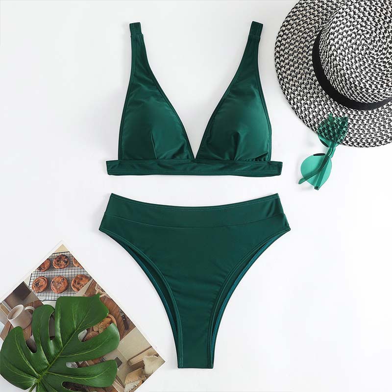 新款欧美分体泳衣女性感纯色高腰比基尼时尚双肩带外贸泳装biniki