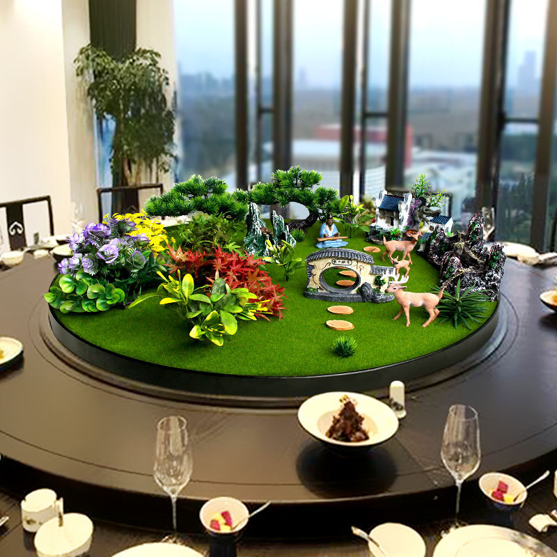 酒店大圆桌装饰摆件转盘中间摆花新中式桌花圆形微缩景观餐桌摆台