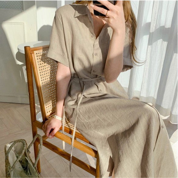 2024 Korean Style Simple Loose Lace-up Waist-Tight Single-Breasted Short Sleeve Linen Shirt Dress Women's Clothing