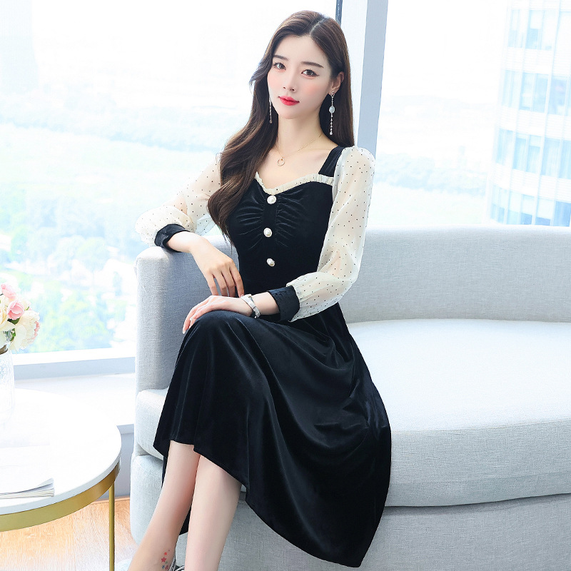 法式连衣裙女2021秋季新款赫本风大码修身显瘦气质中长款a字裙子